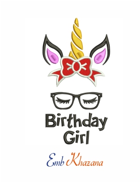 Unicorn birthday girl embroidery design