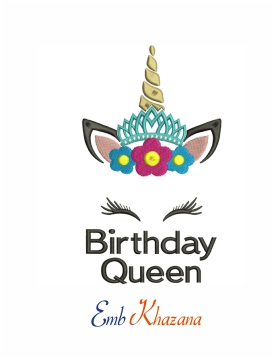 Unicorn birthday queen embroidery design